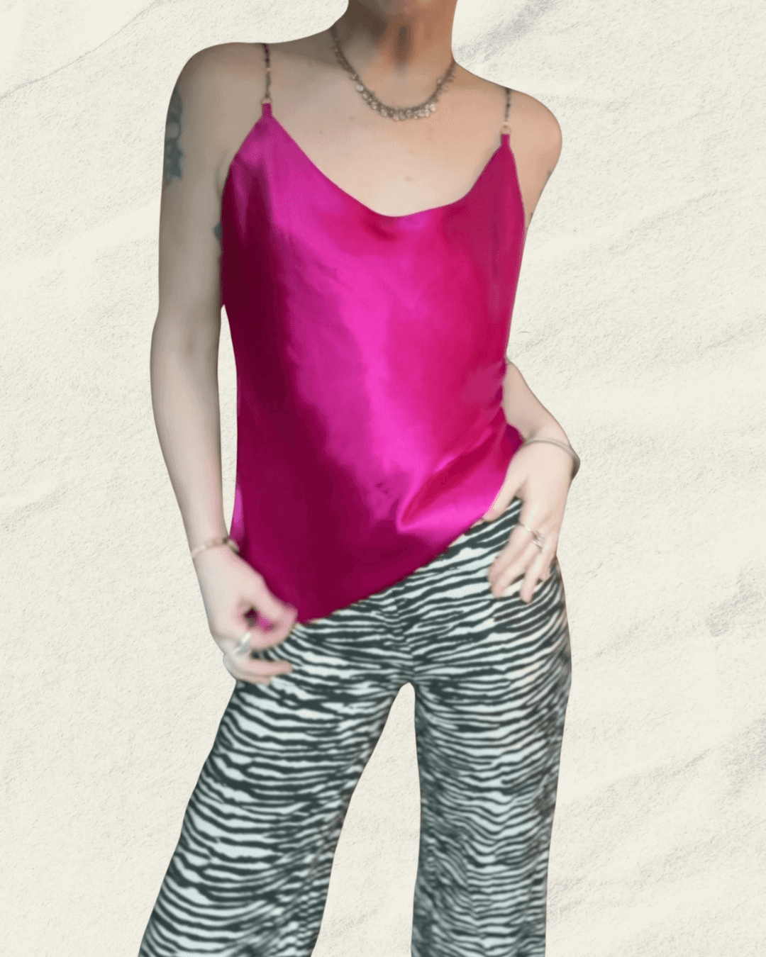 Y2K fuchsia Nicole Miller bias-cut silk camisole with multicolor hand-beaded straps and a draped neckline, shown flat.