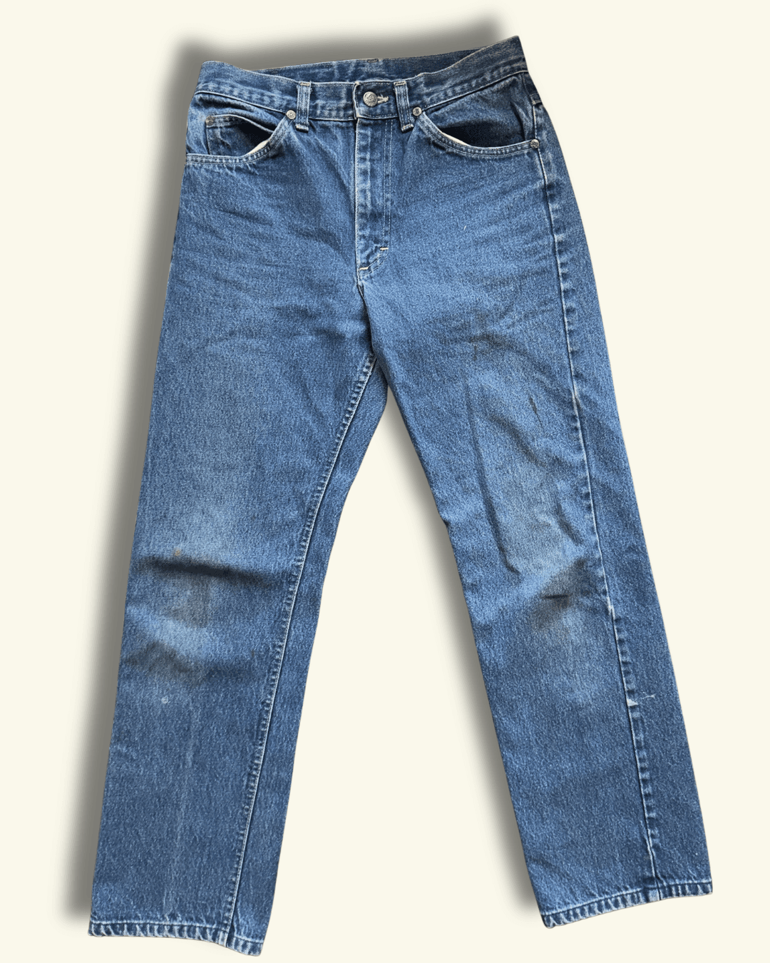 Paint-marked vintage Lee Riders medium-wash straight-leg jeans, model 200-0147, tagged 30 x 34