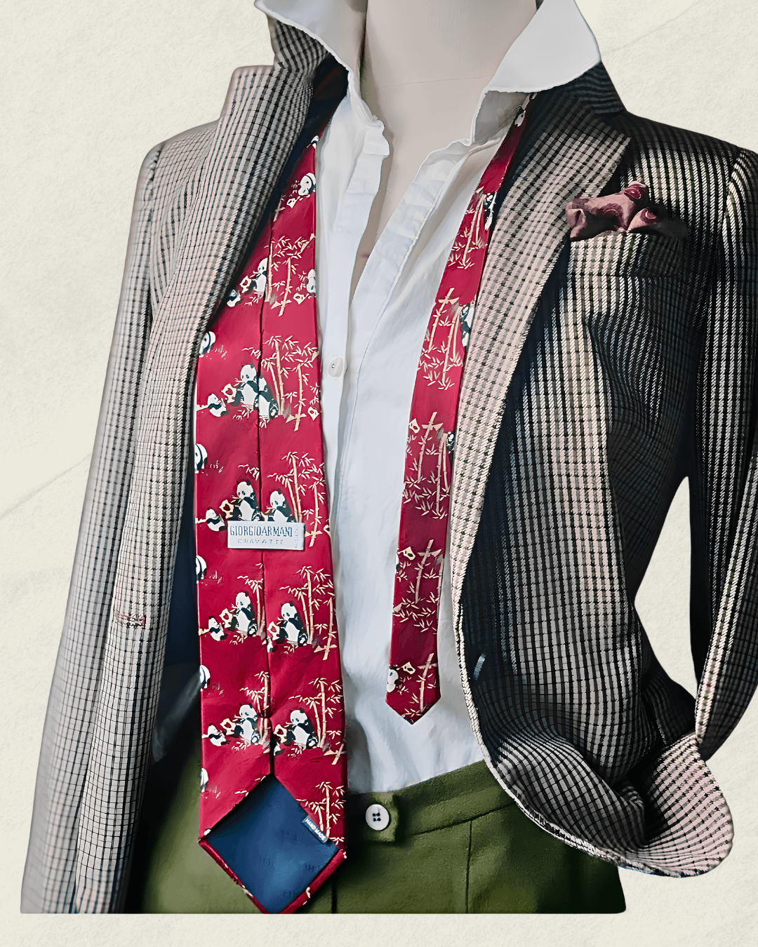 Vintage Giorgio Armani Cravatte tie in lacquer red, printed with pandas in a bamboo grove, styled over a white shirt and houndstooth jacket.