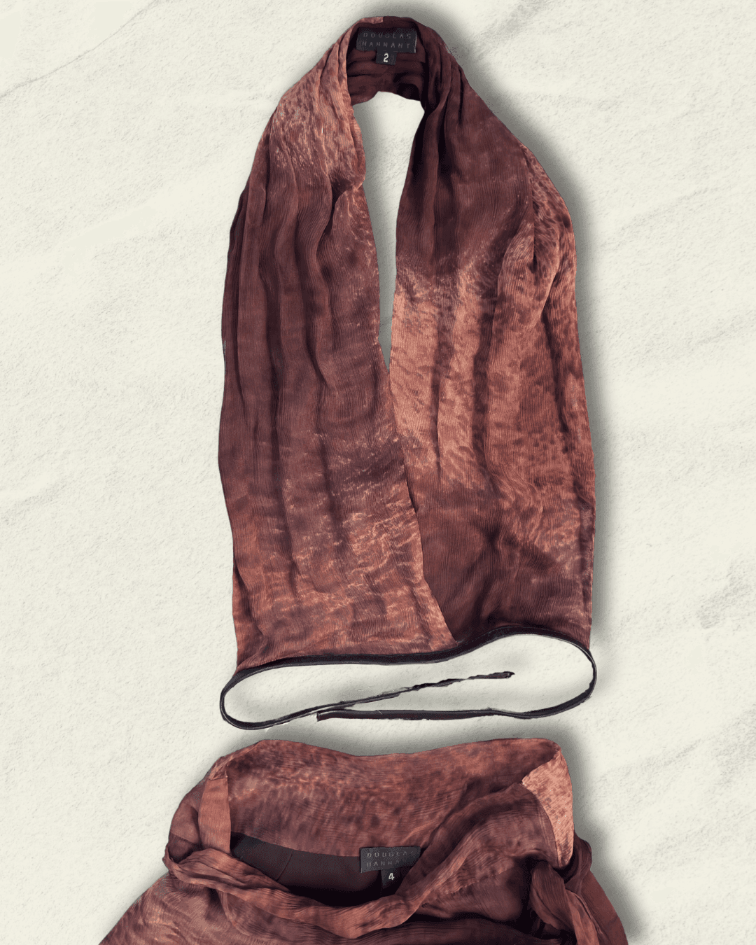 Archival Douglas Hannant SS 2001 crinkled silk runway halter and wide-leg trouser set