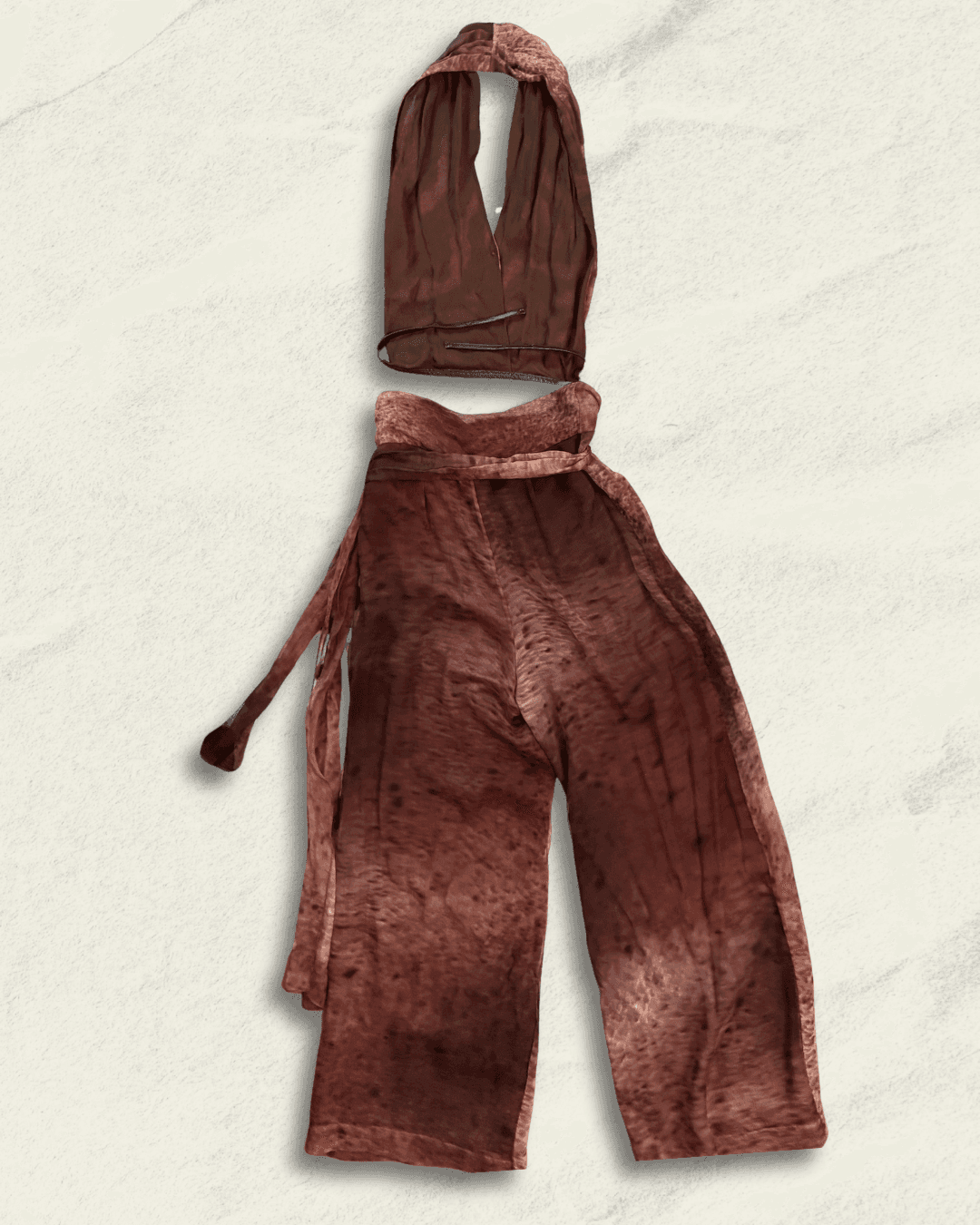 Archival Douglas Hannant SS 2001 crinkled silk runway halter and wide-leg trouser set
