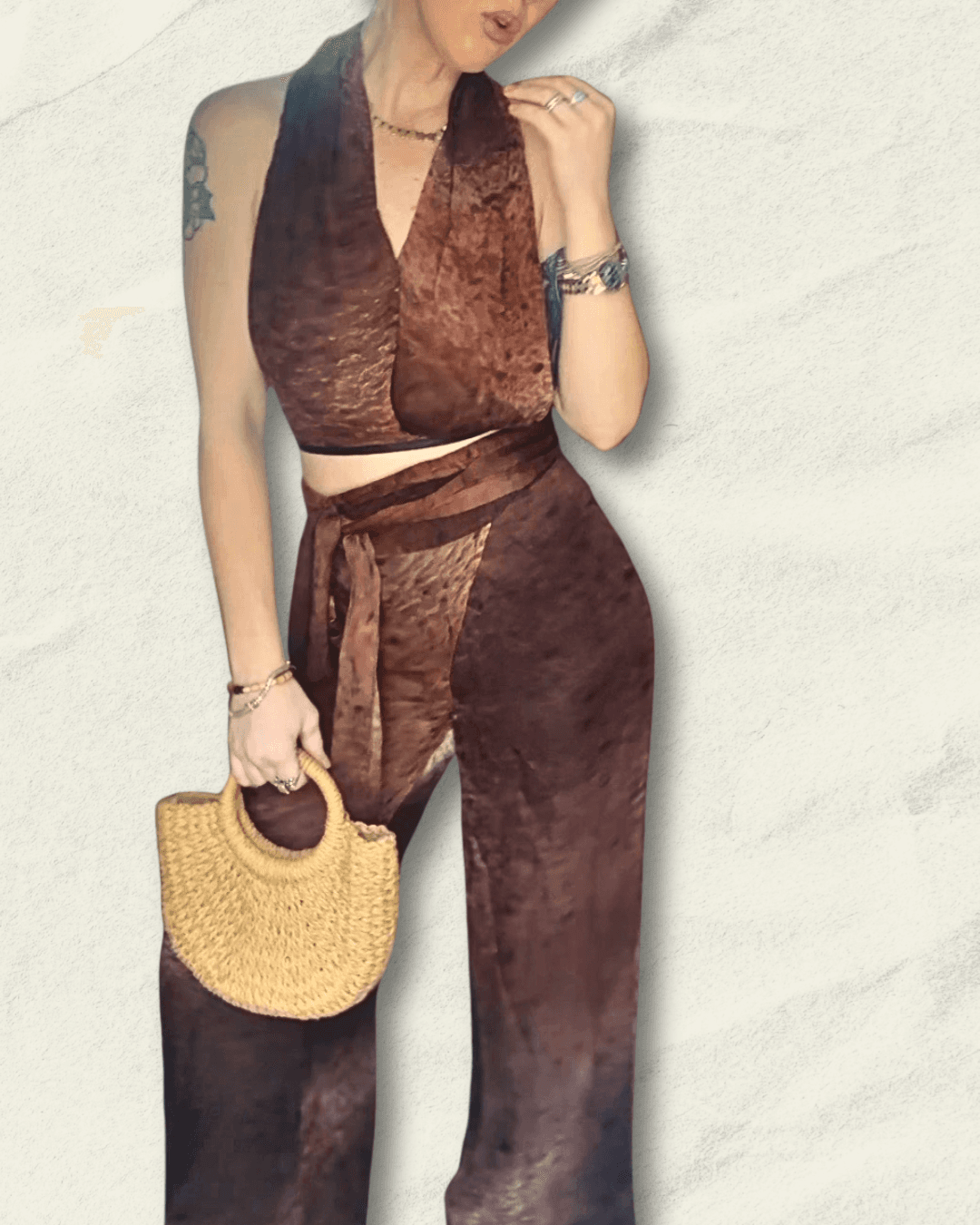Archival Douglas Hannant SS 2001 crinkled silk runway halter and wide-leg trouser set