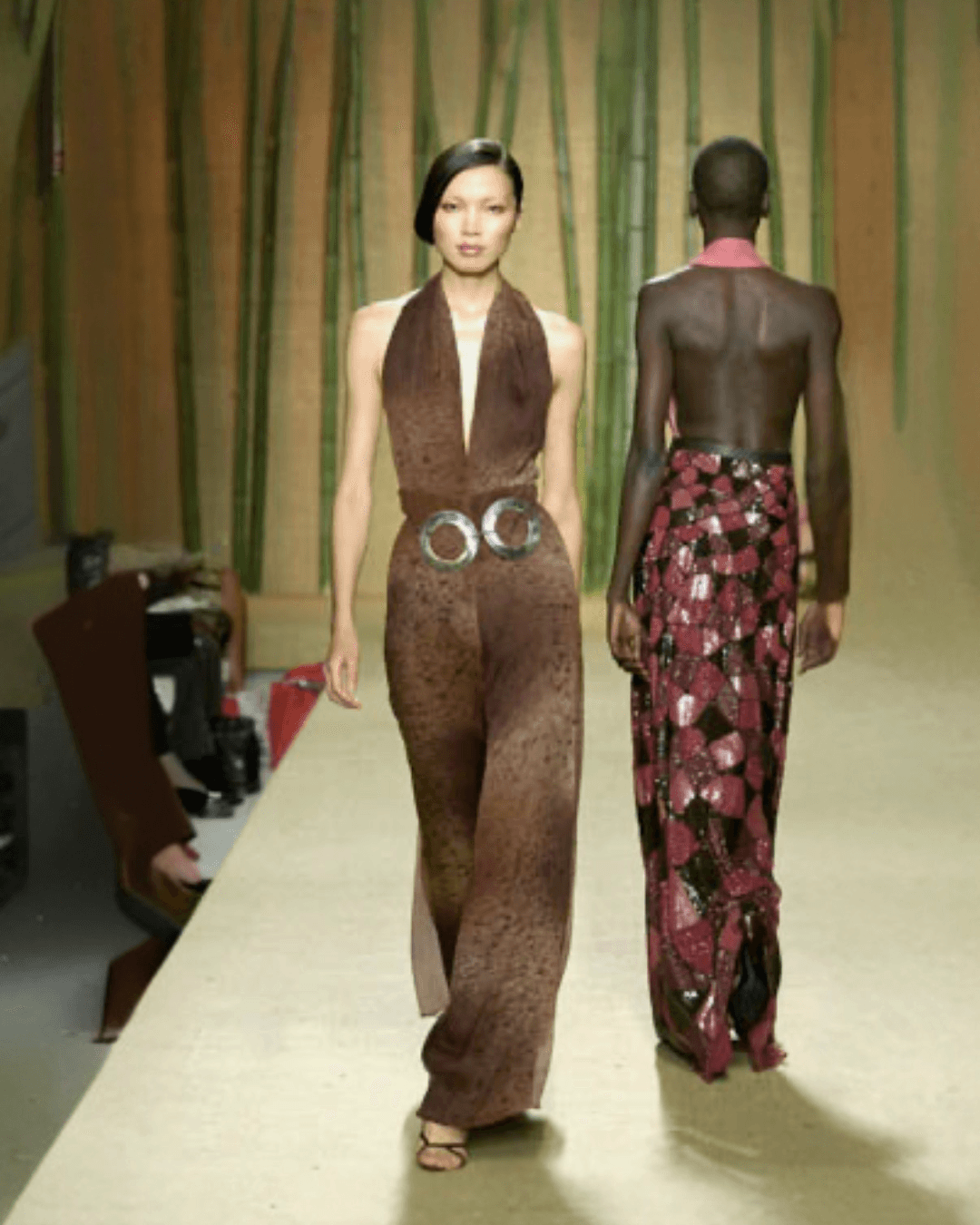 Archival Douglas Hannant SS 2001 crinkled silk runway halter and wide-leg trouser set