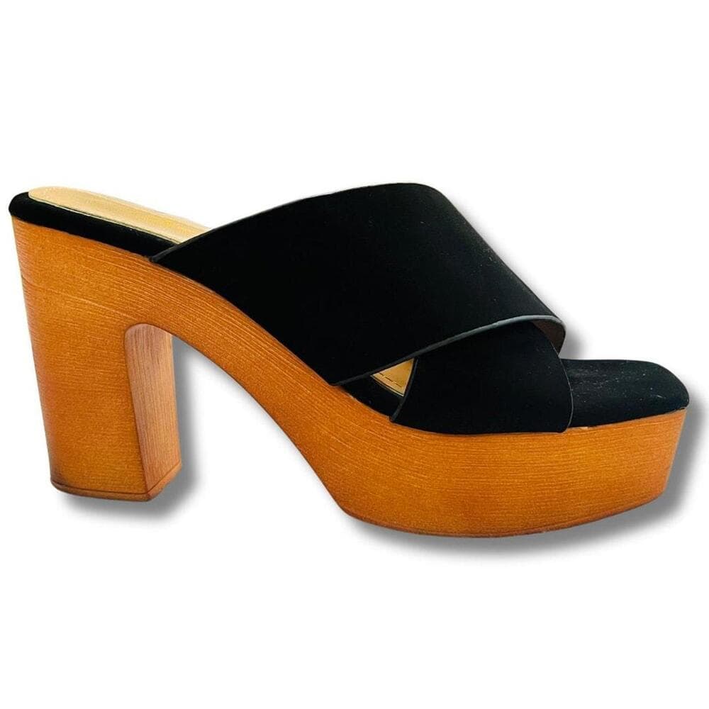Platform Mules — Black Suede Crisscross Block Heel, 1970s-inspired, Rare Oddball — image 2