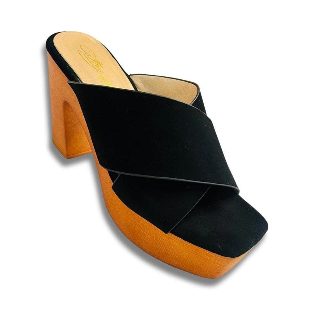 Platform Mules — Black Suede Crisscross Block Heel, 1970s-inspired, Rare Oddball — image 3