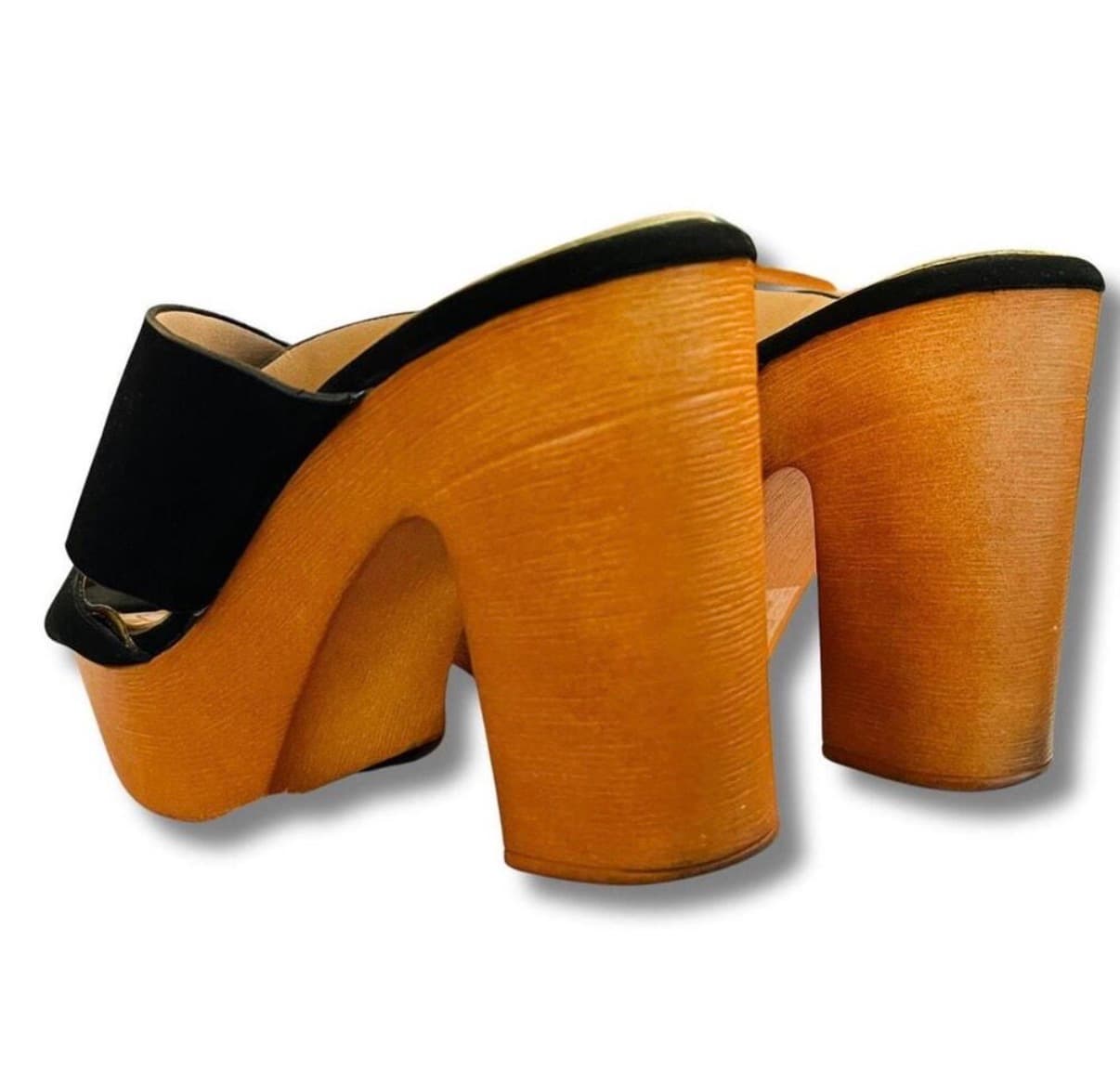 Platform Mules — Black Suede Crisscross Block Heel, 1970s-inspired, Rare Oddball — image 5