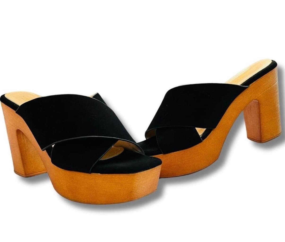 Platform Mules — Black Suede Crisscross Block Heel, 1970s-inspired, Rare Oddball — image 6