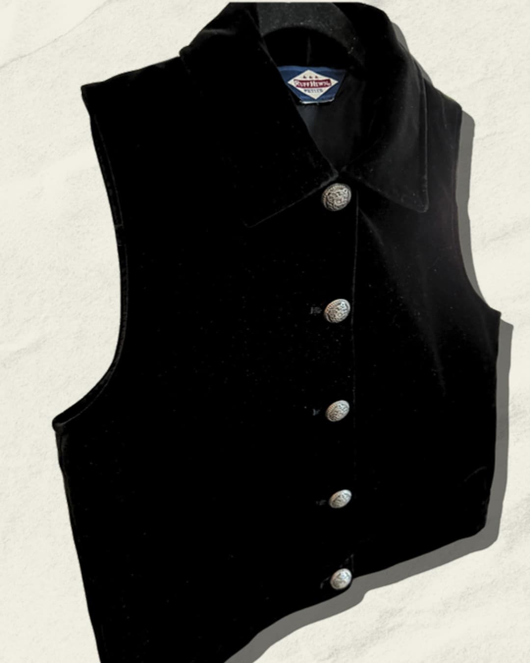 Ruff Hewn Petite Vintage Black Cotton Velvet Cropped Vest — Silver Concho Buttons, Size S, Early 1990s, Statement Pieces — image 1