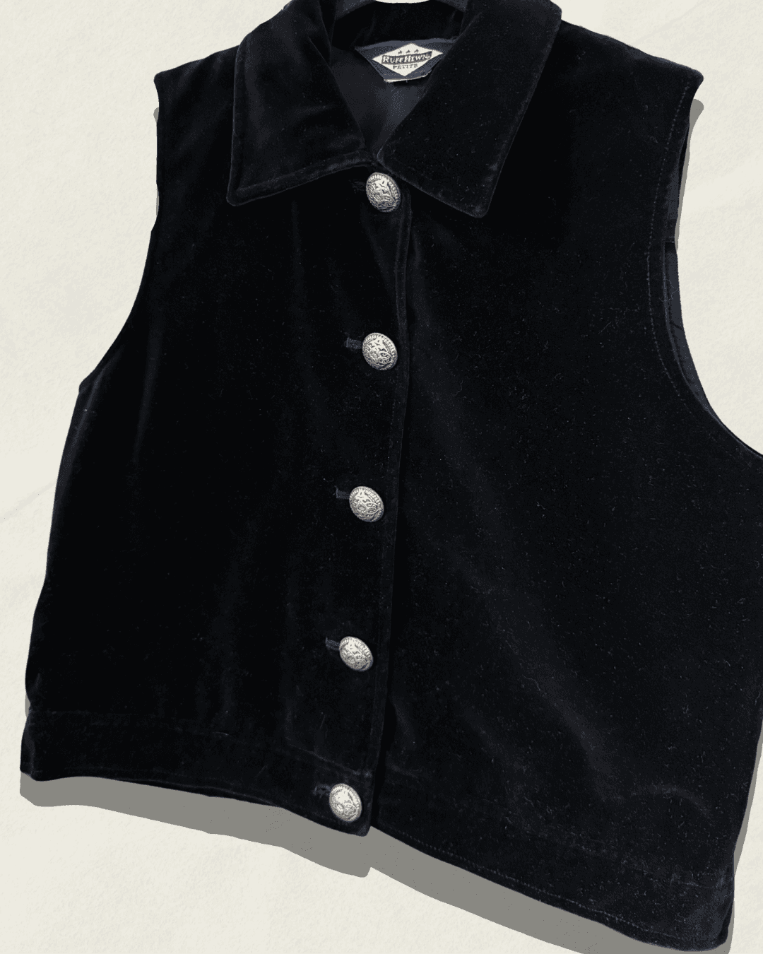 Ruff Hewn Petite Vintage Black Cotton Velvet Cropped Vest — Silver Concho Buttons, Size S, Early 1990s, Statement Pieces — image 3