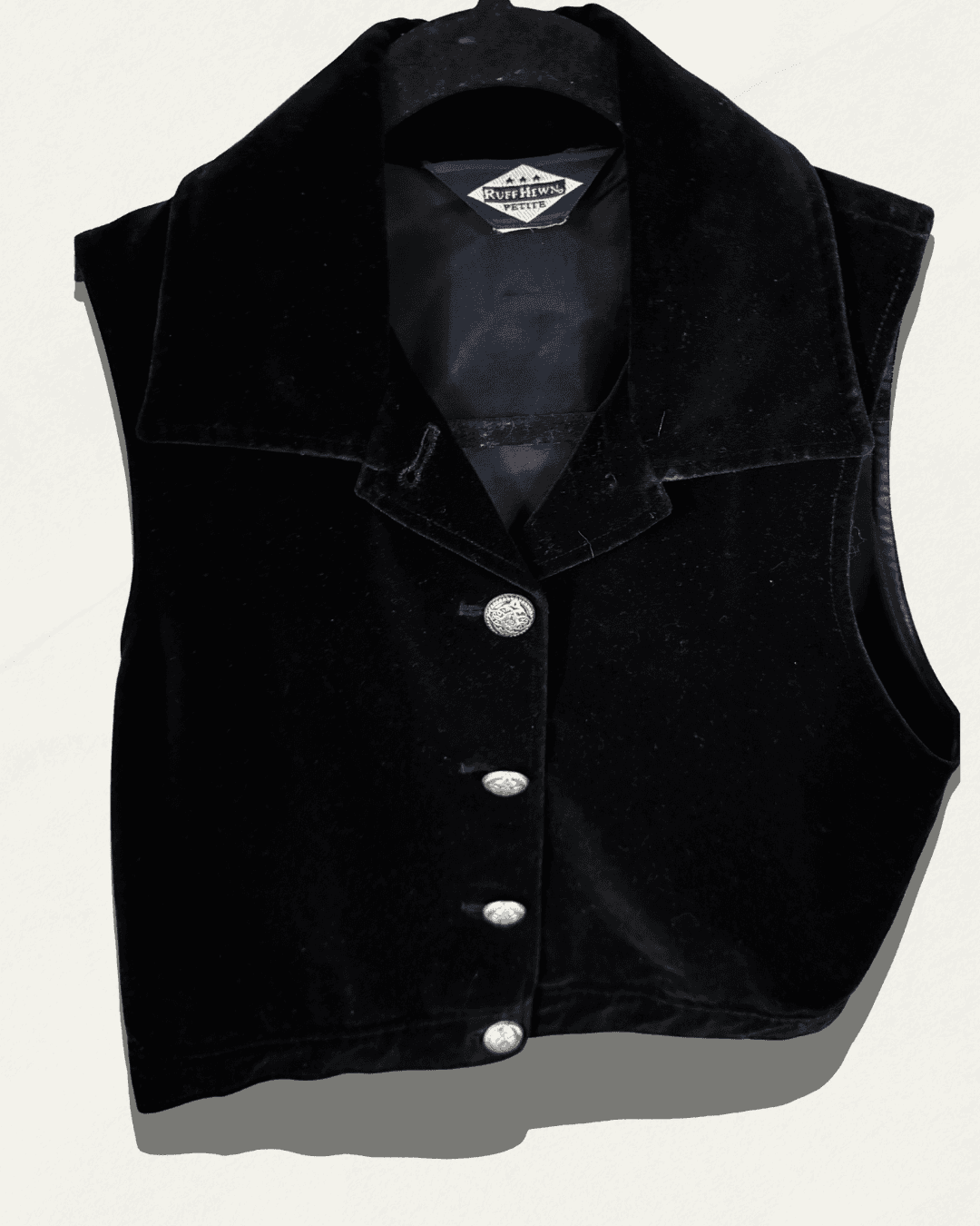 Ruff Hewn Petite Vintage Black Cotton Velvet Cropped Vest — Silver Concho Buttons, Size S, Early 1990s, Statement Pieces — image 4