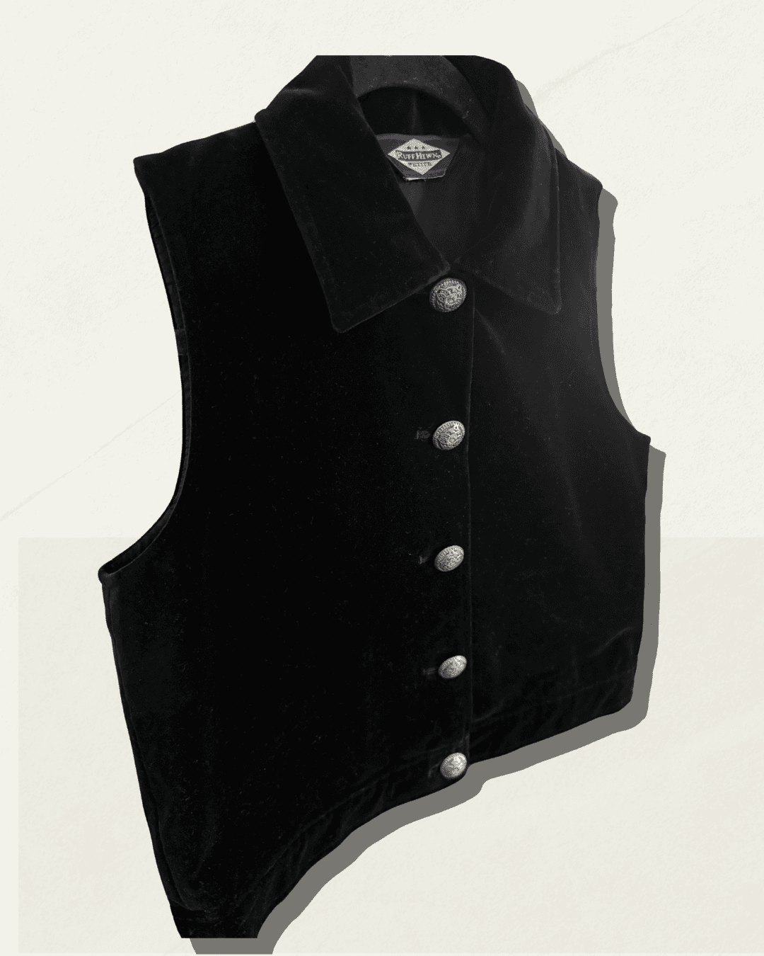 Ruff Hewn Petite Vintage Black Cotton Velvet Cropped Vest — Silver Concho Buttons, Size S, Early 1990s, Statement Pieces — image 5